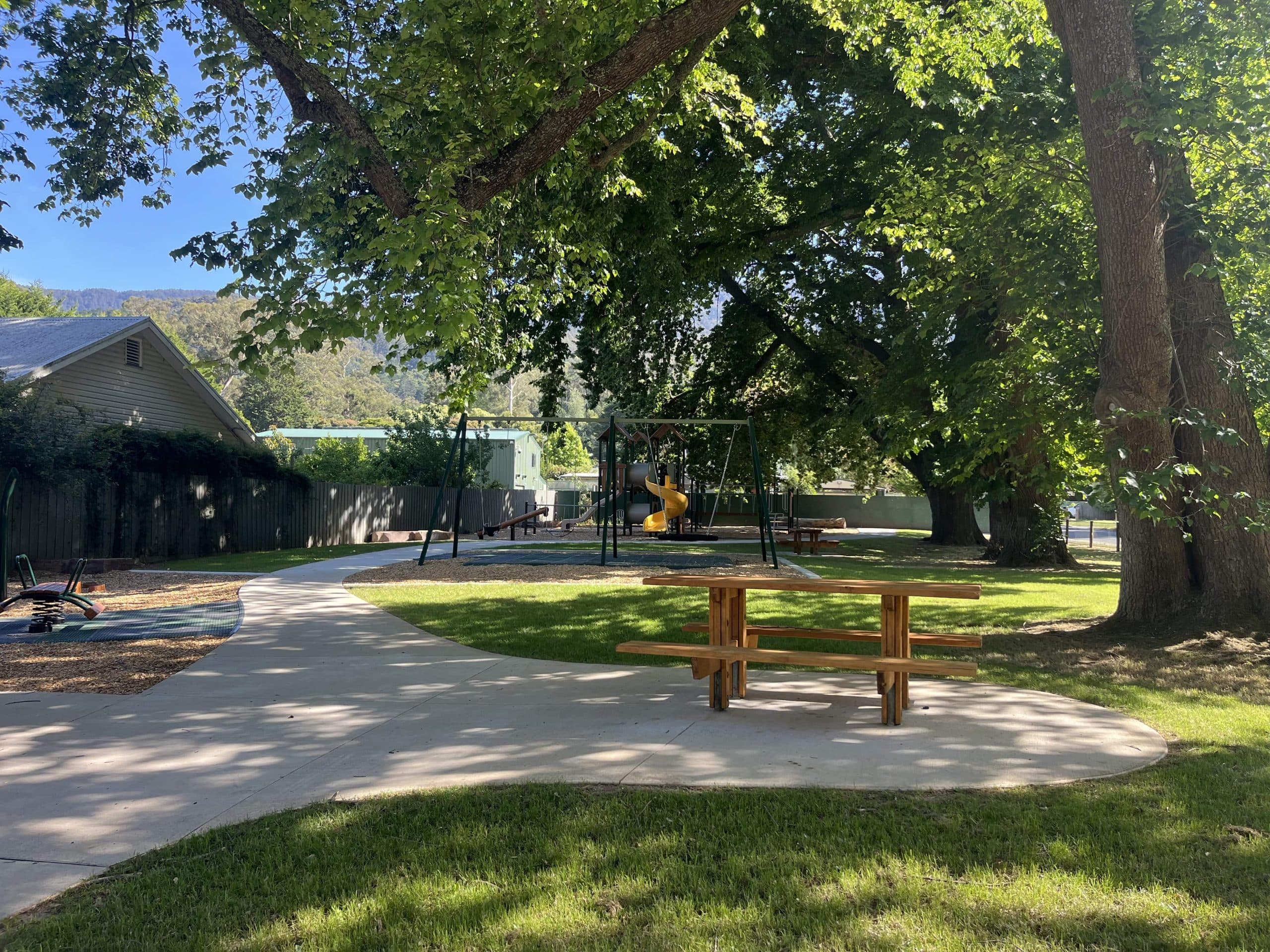 Park picnic table and swings