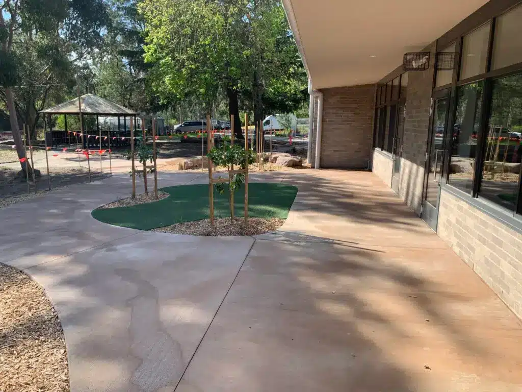 Courtyard with landscaping and building