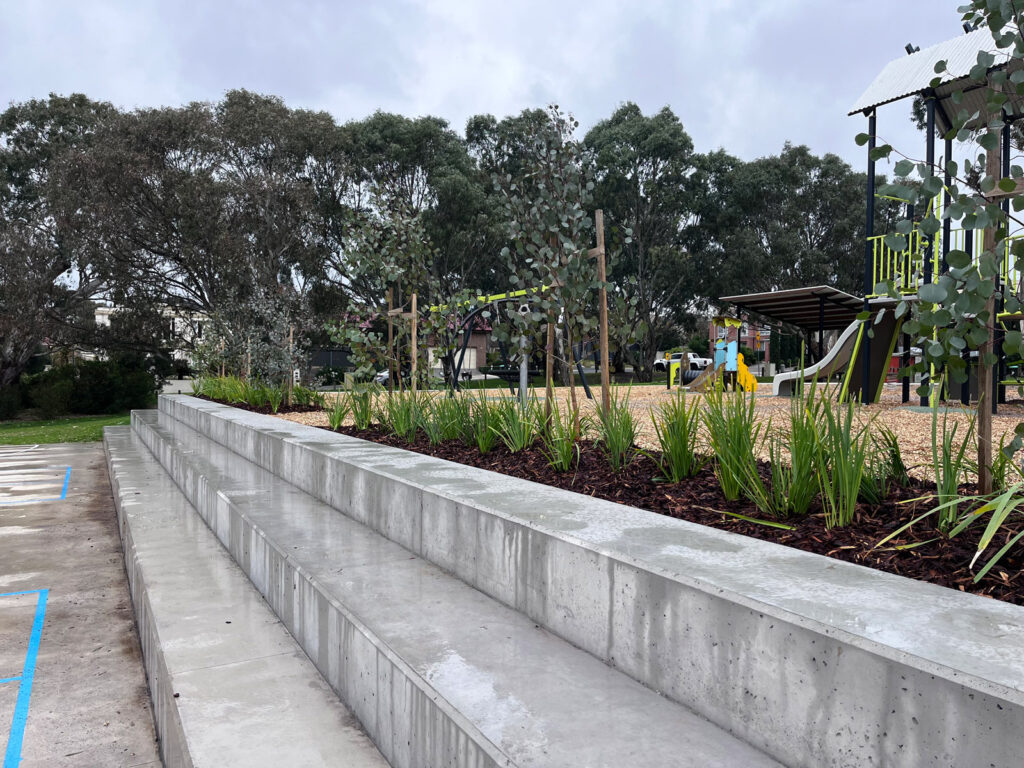 Concrete steps with playground background